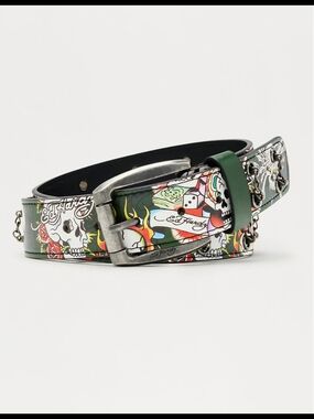 Ed Hardy Olive Tattoo-Print Belt with Chain Accents